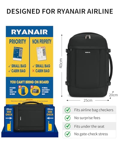 ECOHUB Ryanair 20L Backpack, 40 x 20 x 25 cm, Airplane Travel Backpack with 3D Laptop Compartment, Water Resistant Hand Luggage 40 x 20 x 25 cm, Ryanair, Recycled Travel Backpack for Women, Men, Black