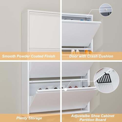 Shoe Cabinet Storage for Entryway, Narrow Shoe Storage Cabinet for Entryway Slim, White Metal Shoe Cabinet with 3 Flip Drawers, Wall Mounted