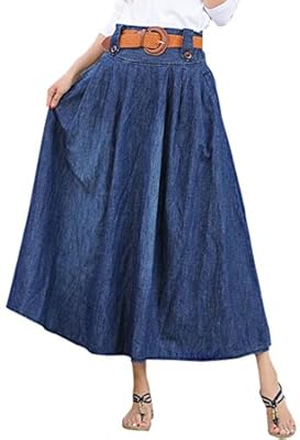 CRYYU Women Flare Elastic Waist Pleated Plus Size Denim Long Skirt