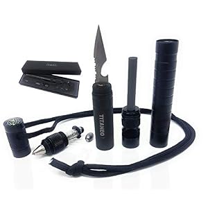 Titaneo Kit De Survie Tactique 8 En 1 : Pierre A Feu +kit De Peche +boussole +paracorde +sifflet De Signalisation +décapsuleur +brise Vitre + Pour Camping/randonnée/alpinisme/foret/survivalisme