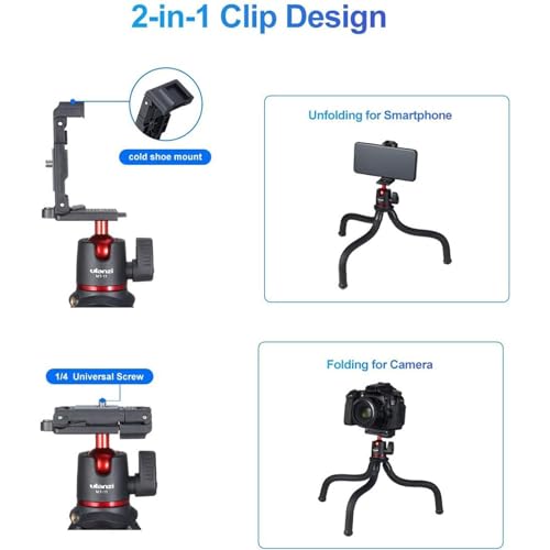 ULANZI MT-11 Camera Tripod, Mini Flexible Stand with Hidden Phone Holder w Cold Shoe Mount, 1/4'' Screw for Magic Arm, Universal for iPhone 13 12 Pro Max XS Max X 8 Samsung Canon Nikon Sony Cameras