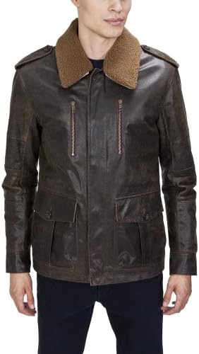 United Face Mens Distressed Leather Military Jacket Medium Brown