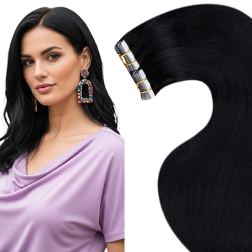 Laavoo Tape In Extensions Echthaar Schwarz Echthaar Tape Extensions Invisible Haarverlängerung Echthaar Tape In Haar Extensions Remy 50Cm 50G 20Pcs #1