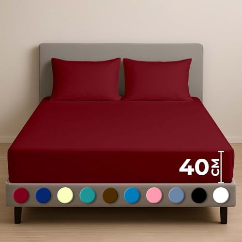 Rohi 40cm Extra Deep Fitted Sheets Double – Soft, Breathable & Anti-Allergy Cotton Blend Fitted Sheet – Elasticated Corners – Wrinkle-Resistant & Easy Care Fitted Bed Sheets (Wine, Double) — image 1