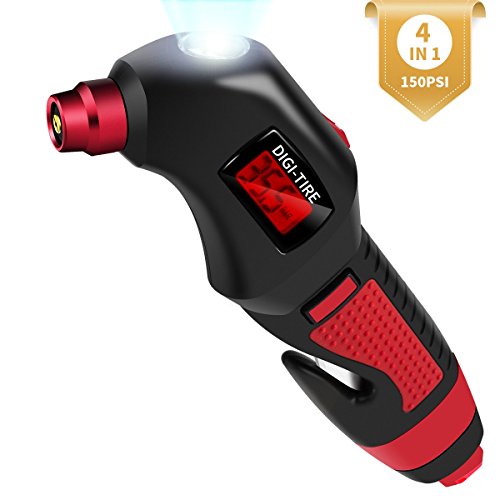 Morpilot Tyre Pressure Gauge 150 PSI Digital Tyre Pressure Gauge with Led Flashlight, Life hammer, Seatbelt Cutter Function,Battery Included