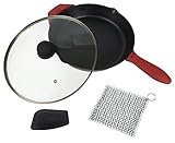 12-Inch Cast Iron Skillet Set (Pre-Seasoned), Including Large & Assist Silicone Hot Handle Holders, Glass Lid, Cast Iron Cleaner Chainmail Scrubber, Scraper | Indoor & Outdoor Use