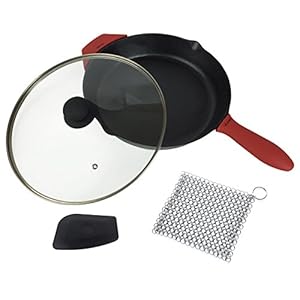 12-Inch Cast Iron Skillet Set (Pre-Seasoned), Including Large & Assist Silicone Hot Handle Holders, Glass Lid, Cast Iron…