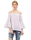 SheIn Women's Off The Shoulder Bell Sleeve Striped Blouse - Red Small