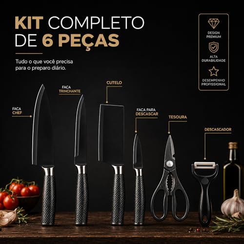 Kit Facas de Cozinha 6 Peças em Aço Inox com Tesoura | Ideal para carnes, legumes, frutas e preparos do dia a dia