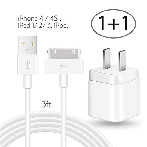iPhone Phone 4 / 4S Сharger, Pack of one 3FT USB Data Sync Cord Charging Cable with one Wall AC Adapter Charging Brick Compatible with iPhone 4/4S, e 3G/3GS, iPad 1/2/3, iPod - White