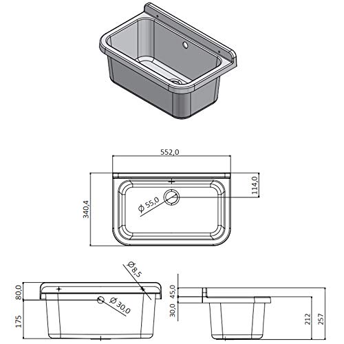 HYDROLAND Ausgussbecken Waschbecken mit Überlauf 55 x 34 x 21 Grau | Komplett mit Siphon Kunststoff Ablaufgarnitur Spüle… – Bild 5