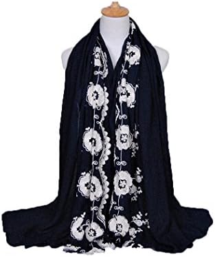 Women Cotton and linen Shawl Scarf Scarves Embroidered Flower Design (Drak Blue)