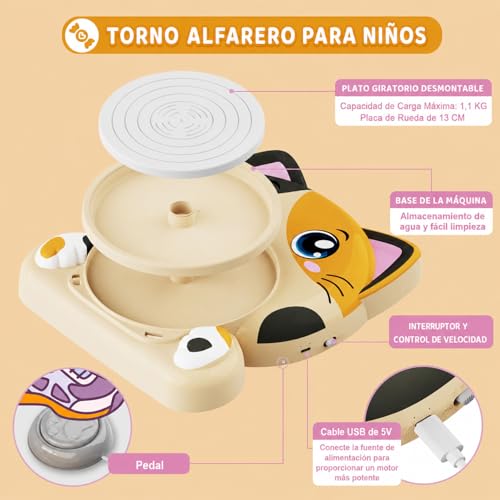 Pottery Lathe for Kids, Complete Ceramic Lathe Set for Beginners, Creative Craft Kit 6+ Years with 3 x Air Drying Clay, Pottery Kit, Gift for Boys and Girls (Cat Motif)