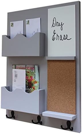 Legacy Studio Decor Mail Organizer Cork Board White Board Coat Hooks Key Hooks Double Mail Slots (Distressed, Gray)