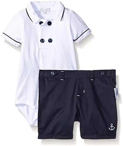 Quiltex Boys' Cotton Pique Creeper with Corded Piping Top with Brushed Cotton Shorts with Cuffs, Navy, 6/9