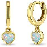 925 Sterling Silver Simulated Opal Heart Dangle Hoop Earrings For Girls - Small and Delicate Hoop Earrings With Heart Details For Children - Dangle Earrings For Everyday Wear