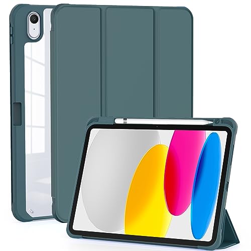OKP for New iPad 10th Generation Case 2022, ipad 10.9 inch Case with Trifold Stand, Auto Wake/Sleep, ipad 10 gen Protective Cover with Slim Lightweight Clear PC Back Shell, Alpine Green