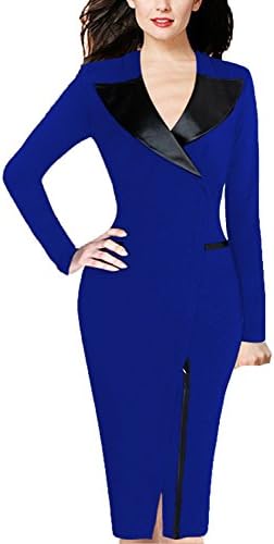YEEZ Women's Elegant Front Zipper Long Sleeves Slim Business Pencil Dress Blue,XXXX-Large