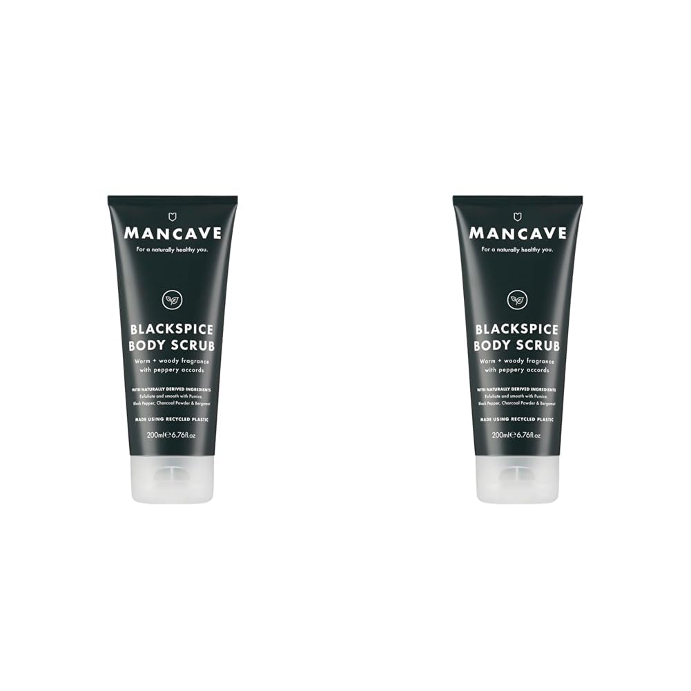 ManCave Blackspice Body Scrub 200ml for Men, Warm & Woody Aroma, Exfoliate & Cleanse Skin with Pumice and Charcoal Powder Scrub, Natural Formulation, Vegan Friendly, Made in England (Pack of 2)