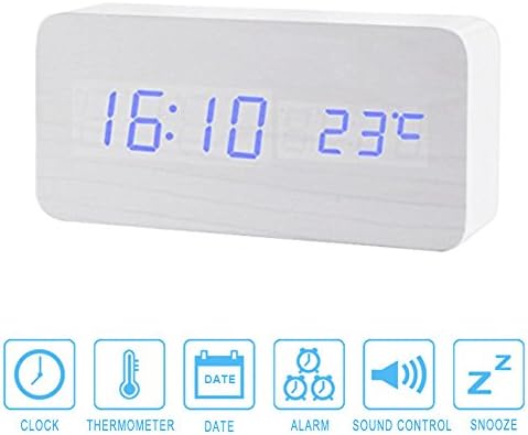 Wooden Alarm Clock, Colisivan Upgrade Edition Multi-function Wooden Alarm Clock LED Digital Displays Time Date And Temperature Desk Clock Shelf Clock with Sound Control (White Wooden)