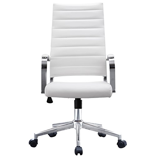 2xhome White - Modern High Back Tall Office Chair Ribbed White PU Leather With Cushion Swivel Tilt Adjustable Chair Designer Boss Executive Management Manager Conference Room Work Task Computer