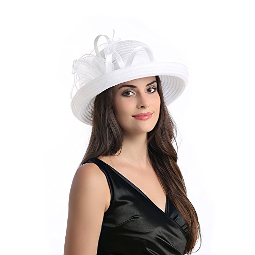 Dantiya Women's Organza Wide Brim Bowler Hat Kentucky Derby Church Dress Sun Hat (White)