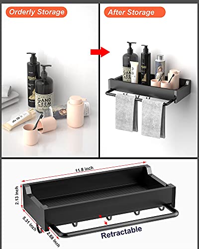 Bathroom Shower Shelf, No Drilling Aluminum Black Bathroom Shelves for Wall, Multifunctional Wall Mounted Adhesive Bathroom Shelf with Towel Rack & 4 Removable Hooks for Bathroom, Kitchen, Toilet
