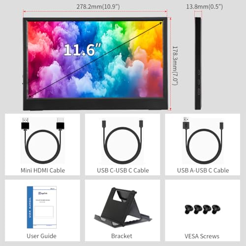 Magedok 11.6 Inch Portable Monitor, 1366x768 HD IPS Small HDMI Display, Dual USB-C, Low Power External Screen For Laptop PC Mac Switch Rasp Pi Xbox, Lightweight Second Monitor With Stand