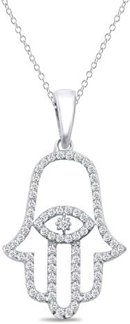 Diamond Scotch 0.17 Ct Cubic Zirconia Evil Eye Hamsa Hand Charm Good Luck Pendant Necklace for Women 14k White Gold FN, 18"