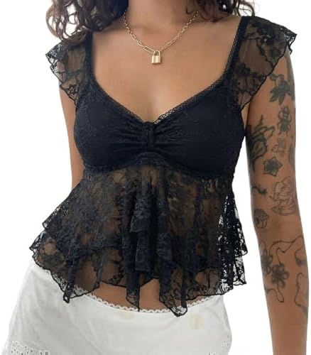 Women Y2k Lace Going Out Crop Top Summer Cap Sleeve Sheer Shirt