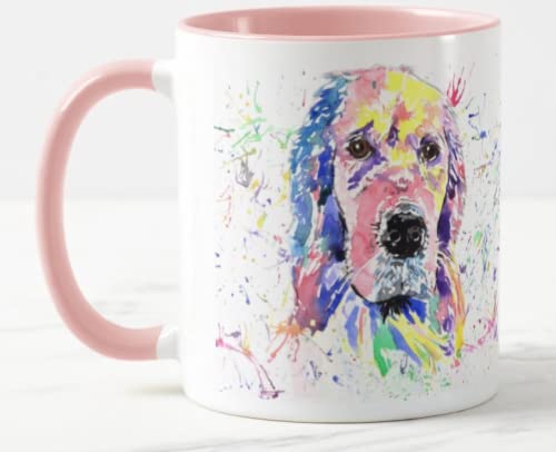 Vixar Golden Retriever Dog Pet Watercolour Rainbow Art Coloured Mug Cup Gift Birthday Work Office Christmas Tea Coffee (Pink)