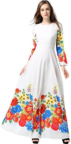 2017 Early Spring Fashion Elegant Princess Print White Long Sleeves O-Neck Collect Waist Large Swing Flowers Women Long Dress (14)