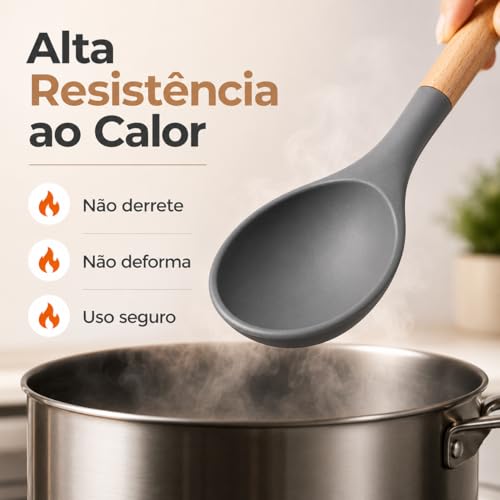 Kit Utensílios Cozinha Silicone 12 Peças com Suporte – Cabo Madeira Premium, Não Risca, Resistente ao Calor
