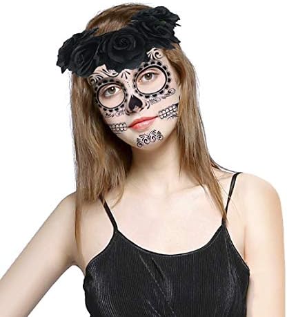 Silence Shopping Day of The Dead Makeup Halloween Temporary Face Sugar Tattoos and Rose Flower Hair Garland Headband Set for Women (Black)