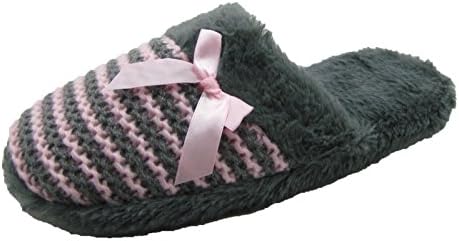 Fashion Blue Ladies Striped Knit Style Furry Slippers (S/5-6, Gray/Lt.Pink)