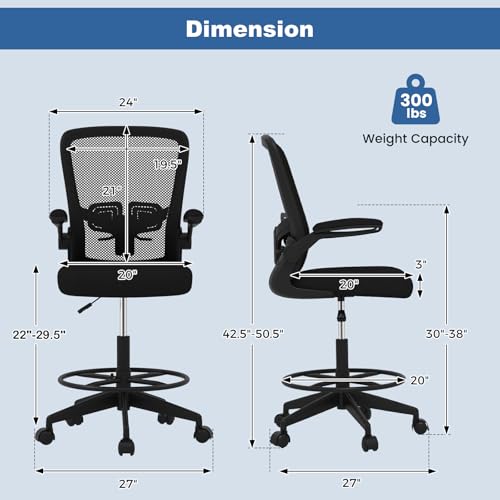 POWERSTONE Drafting Chair, Ergonomic Tall Office Chair for Standing Desk with 3IN Thick Cushion, Flip-up Arm, Adjustable Back Support & Footrest Workbench Rolling Stool Computer Chair (Black 1PCS)