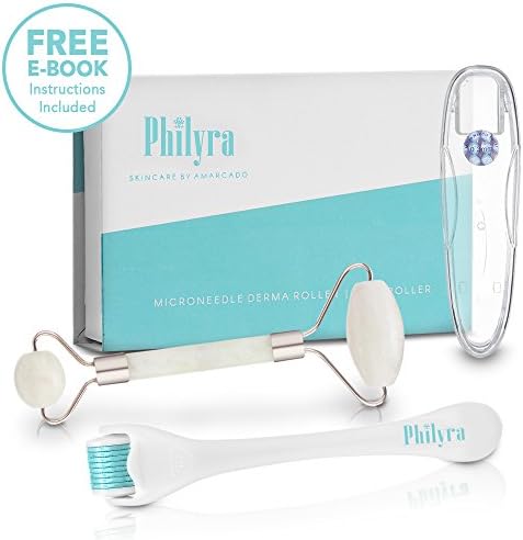 Derma Roller Kit 0.3mm and Jade Roller - Natural Face Massager Luxurious Gift Boxed Set - 540 Titanium Microneedle – Includes Storage Case and E-BOOK - Beauty Skin - Philyra - Skincare by Amarcado