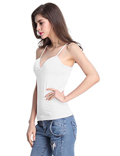 Shymay Women's V Neck Camisole with Build In Bra Padded Spaghetti Strap Tank Top, White, Tag size XL=US size Large - Thumbnail 2