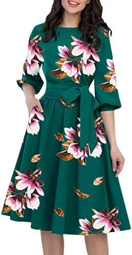 Mounter A-Line Cocktail Party Swing Dress for Women Elegant Floral Print Sundress O-Neck Half Sleeve Sashes Knee-Length Casual Dress with Pocket