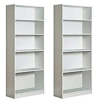 Mylex Five Shelf Bookcase; Three Adjustable Shelves; 11.63 x 29.63 x 71.5 Inches, White, Assembly Required (43071), Set of 2 + Cleaning Cloth