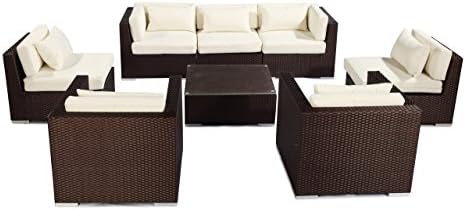Kardiel  Espresso Wicker Outdoor Furniture Garden Patio Sofa Sectional Modify-It Aloha Molokai 8 Piece Set, Ivory