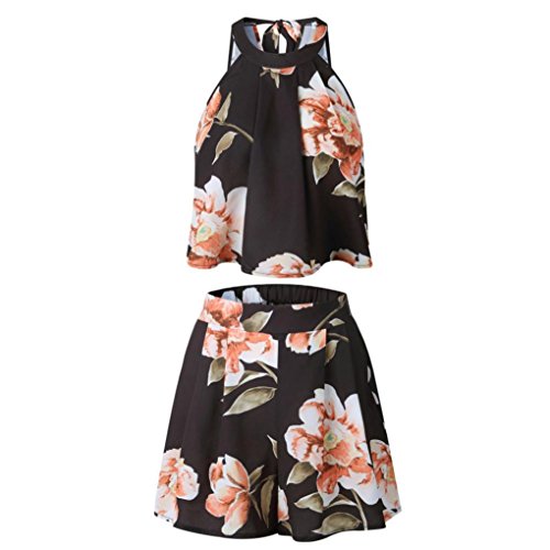 Kollmert Summer Womens Floral Halter Beach Vest Shirt Tops Blouse Shorts Pants Set (XL, Black)