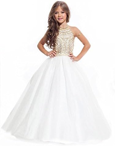 EnjoyBuys Girls Halter Gold Beads White Girls Pageant Dresses Flower Girl Dresses (Child 12)