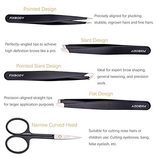 FIXBODY Tweezers Set 5-Piece - Professional Stainless Steel Tweezers with Curved Scissors, Best Precision Tweezer for Eyebrows, Splinter & Ingrown Hair Removal with Leather Travel Case