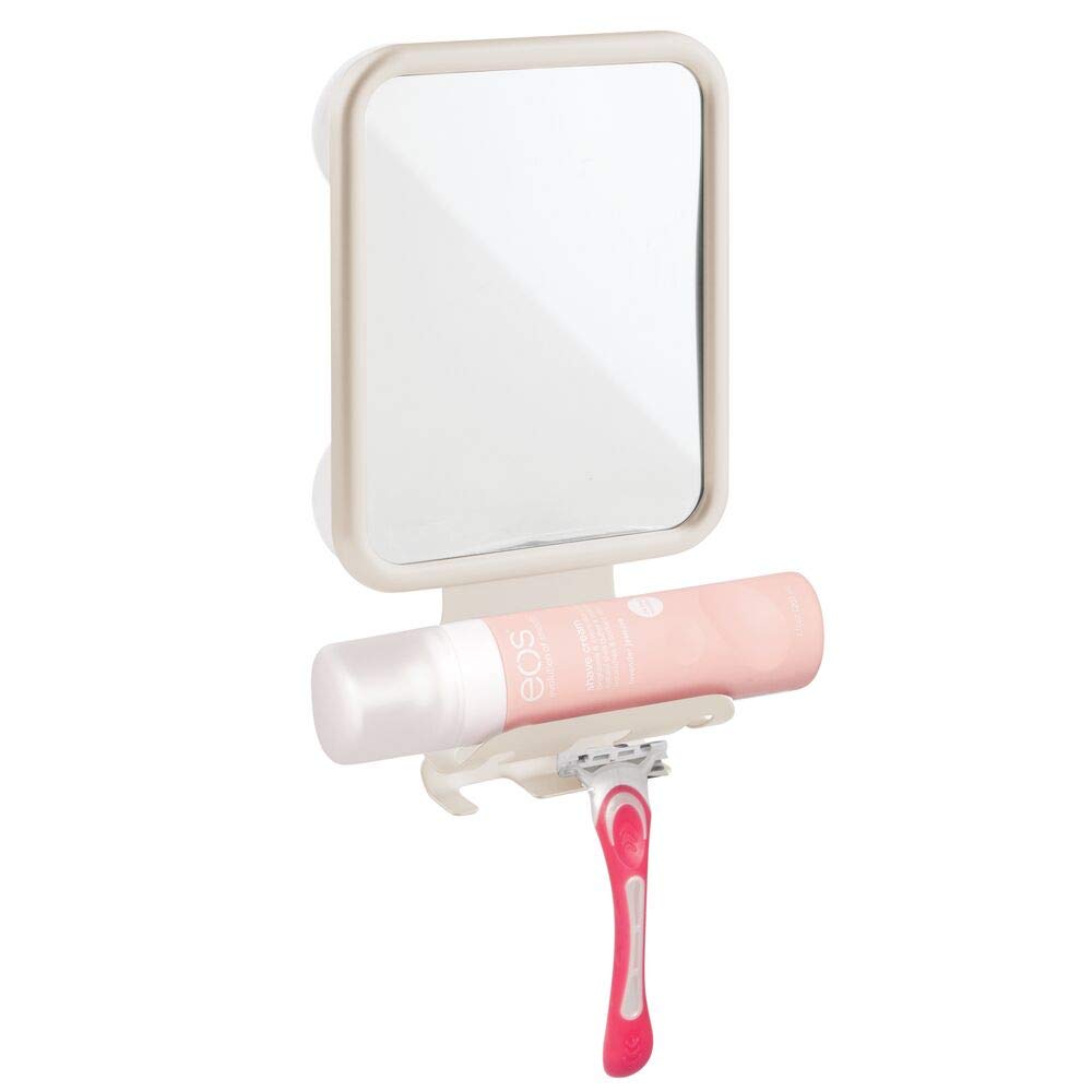 mDesign Modern Metal Suction Shaving Mirror Center for Bathroom Showers and Tubs - Holders for Shaving Cream and Razors - Cream/Beige