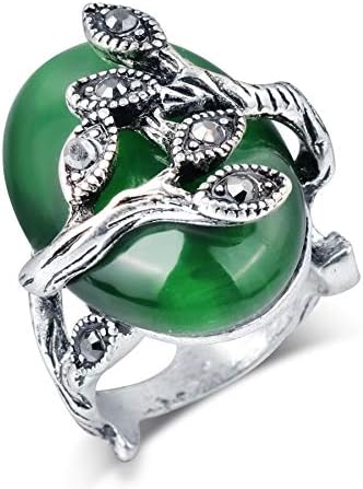 Vintage Green Oval Ring, Austrian Crystal Antique Silver Retro Jewelry Natural Stone Wedding Ring for Men Women Party Gift
