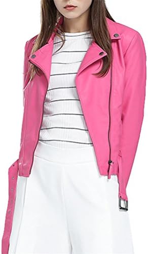 Women's Fashion Faux Leather Motorcycle Jacket Pink Coat Slim PU Leather Short Bomber Jacket Blazer Casual Zipper Plus Size Jacket Outerwear with Belt for Winter and Autumn. (XL, Hot Pink)