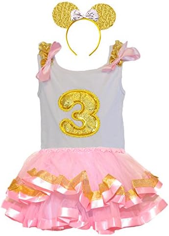 Birthday Glitter Gold Age Number Tops Tulle Tutu &amp; Sparkling Gold Headband Set (PK-Age 3)