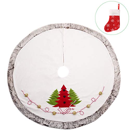 Christmas Tree Skirt White Faux Fur Border Large Luxury Skirt with Classic Jingle Bell Thicken Plush Christmas Decorations 48 inch