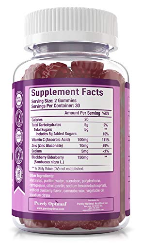 PURELY OPTIMAL ELDERBERRY GUMMIES – IMMUNE SUPPORT SUPPLEMENT WITH VITAMIN C & ZINC, ORGANIC BLACK ELDERBERRY EXTRACT, VEGAN, NON-GMO, GLUTEN-FREE, 60 COUNT